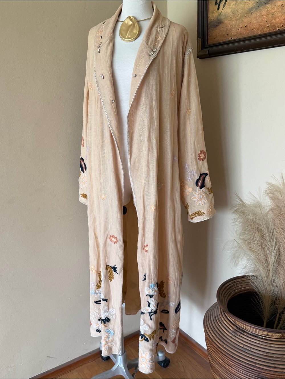 Embroidered Long Trench Coat in Beige - Women's Trench Coat